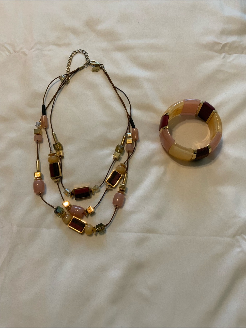 Chicos Multicolor Glass Bead Necklace and Bangle Set - Pink, Gold, Burgundy